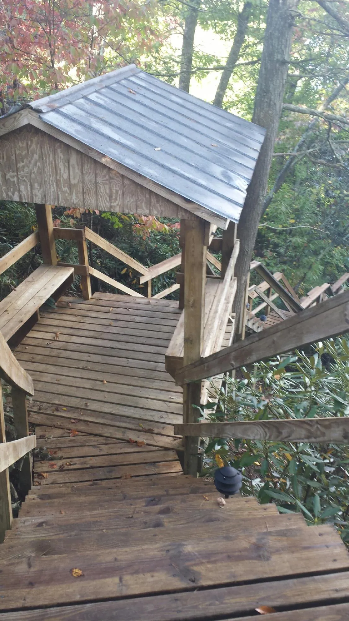 Metal roofed shelter over wooden steps on a wooded walkway — Skylight Repair & Installation work by our crew in Thief River Falls